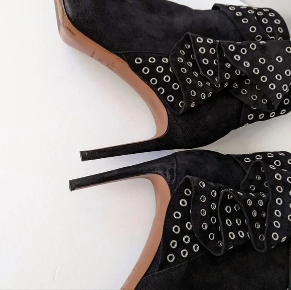 Alaïa Black Suede Grommet Embellished Ruffled Ankle Boots | Size 38.5 - Picture 15 of 16